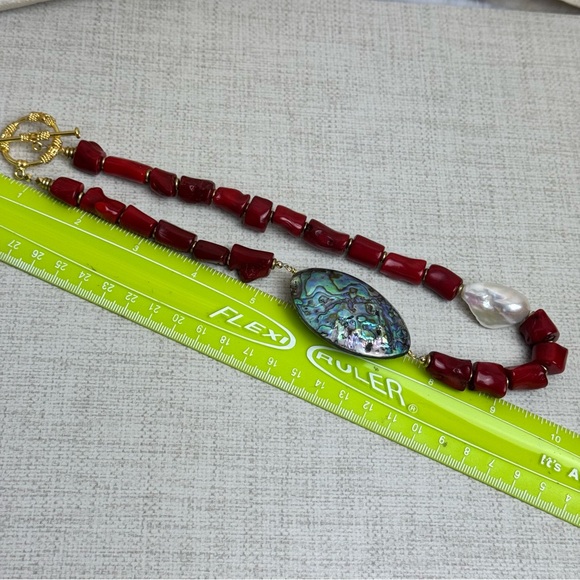 Handmade Coral Abalone Pearl Beaded Statement Necklace - Picture 6 of 8